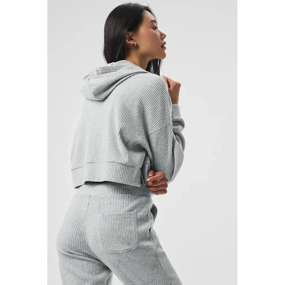 Alo Yoga Muse Ribbed Hoodie Sweatshirt Heather Grey Cropped Pullover Small‎